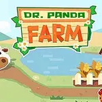 Panda w kapeluszu na farmie obok krowy, z szyldem nad stawem i polem zbóż w tle