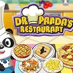 Panda w stroju kucharza prezentuje różne potrawy, takie jak pizza, ciasto i sałatka, z napisem „Dr Pandas Restaurant” w tle