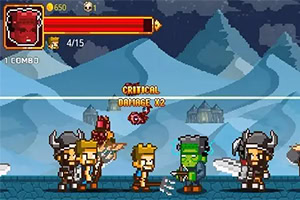 Pikselowa scena walki, w której postacie wikingów w hełmach konfrontują się z zielonoskórym przeciwnikiem na tle z górskim krajobrazem