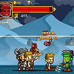 Pikselowa scena walki, w której postacie wikingów w hełmach konfrontują się z zielonoskórym przeciwnikiem na tle z górskim krajobrazem