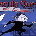 Rysunkowy wampir w czarnym płaszczu biegnący przez wioskę w nocy z napisem Dracula Quest: Run For Blood na górze