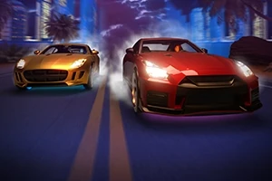 Dwa sportowe samochody, czerwony i złoty, jadą szybko po nocnej ulicy z palmami w tle