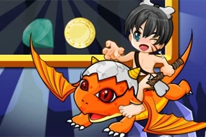 Postać w stylu kreskówkowym siedząca na pomarańczowym smoku z dużymi oczami, trzyma kamienny młotek, z tłem przedstawiającym zielony klejnot i złotą monetę