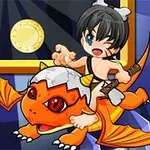 Postać w stylu kreskówkowym siedząca na pomarańczowym smoku z dużymi oczami, trzyma kamienny młotek, z tłem przedstawiającym zielony klejnot i złotą monetę