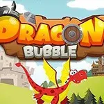 Czerwony smok z żółtymi skrzydłami na tle zamków i gór, z dużym tytułem Dragon Bubble