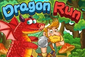 Czerwony smok z rogami i rycerz w zbroi w lesie z kolorowym napisem Dragon Run