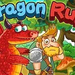 Czerwony smok z rogami i rycerz w zbroi w lesie z kolorowym napisem Dragon Run