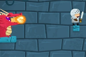 Rycerz walczący z czerwonym smokiem ziejącym ogniem na tle kamiennej ściany