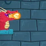 Rycerz walczący z czerwonym smokiem ziejącym ogniem na tle kamiennej ściany