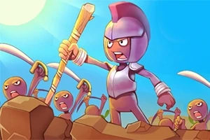 Postać w hełmie z uniesionym kijem, prowadząca grupę wojowników na tle błękitnego nieba