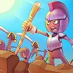 Postać w hełmie z uniesionym kijem, prowadząca grupę wojowników na tle błękitnego nieba