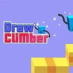 Niebieski sześcian z czarnymi, zakrzywionymi kończynami wspina się po żółtych schodach na fioletowym tle, obok kolorowego napisu