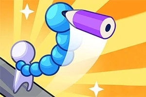 Kolorowy rysunek z niebieską, segmentową postacią z fioletową kredką na pomarańczowym tle z promieniami i gwiazdami