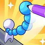 Kolorowy rysunek z niebieską, segmentową postacią z fioletową kredką na pomarańczowym tle z promieniami i gwiazdami