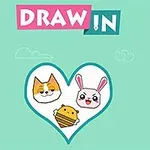 Rysunkowy kot, królik i pszczoła w sercu na miętowym tle z napisem DRAW IN