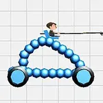 Postać siedząca na niebieskim pojeździe o konstrukcji z kul z włócznią w rękach na tle siatki