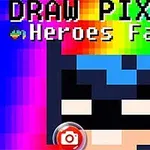 Na obrazku widać pikselową twarz superbohatera z kolorowym gradientowym tłem i napisem Draw Pixels Heroes Face u góry