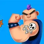 Postać z tatuażem czaszki na ramieniu, z różowym irokezem, na niebieskim tle z napisem Draw Tattoo