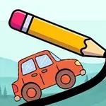 Pomarańczowy samochód jadący po czarnej linii rysowanej przez żółty ołówek na tle górskim