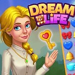 Blond kobieta w białej koszuli obok planszy z kolorowymi przedmiotami w kształcie serc, dzwonków i kokardek oraz tytuł Dream Life na górze