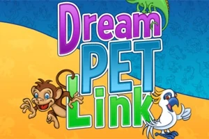 Kolorowy napis Dream Pet Link na tle niebiesko-żółtym z rysunkowymi postaciami małpki i papugi