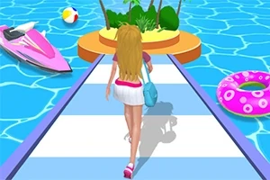 Dziewczyna z blond włosami idzie po moście nad basenem z dmuchanym kołem, piłką plażową i różowym skuterem wodnym obok małej wyspy