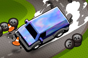 Niebieski samochód z dużą prędkością driftuje na zakręcie asfaltowej drogi, obok leżą pachołki i opony