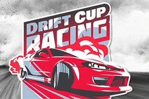 Czerwony samochód sportowy w dynamicznym stylu driftu na tle napisu Drift Cup Racing z efektami dymu w tle