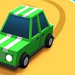 Zielony, geometryczny samochód z białymi pasami jedzie po żółtej drodze z zakrętem