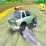 Samochód wyścigowy na zakręcie toru, unoszący się dym spod kół, z kolorowymi monetami na trasie