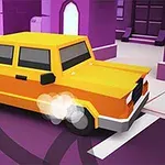 Żółty samochód w bajkowym stylu, driftujący na zakręcie w mieście z fioletowymi budynkami w tle