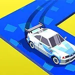 Biały samochód w stylu kreskówkowym driftuje po niebieskiej trasie na żółtym tle