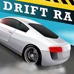 Biały samochód sportowy w poślizgu na torze z napisem DRIFT RACE w tle