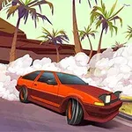 Czerwony samochód driftujący na zakręcie z unoszącym się dymem w tle, otoczony wysokimi palmami