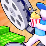 Postać w niebieskim stroju i czapce niesie wiadro popcornu, biegnąc na tle wielkiej taśmy filmowej i stosu pieniędzy