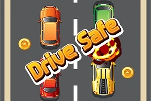 Dwa samochody na drodze z monetami, napis Drive Safe i zderzenie pojazdów