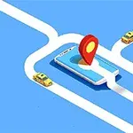 Smartfon na niebieskim tle z nawigacją GPS, żółte samochody i wskaźnik lokalizacji na ekranie