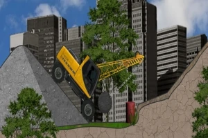 Żółty buldożer z kulą wyburzeniową wspinający się na strome wzgórze na tle miejskiej zabudowy i drzew