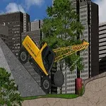 Żółty buldożer z kulą wyburzeniową wspinający się na strome wzgórze na tle miejskiej zabudowy i drzew