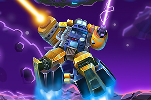 Robot w kosmicznej scenerii strzelający z broni i otoczony błyskawicami