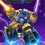 Robot w kosmicznej scenerii strzelający z broni i otoczony błyskawicami