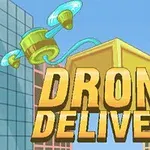 Dron transportujący dużą złotą paczkę między budynkami z napisem Drone Delivery na niebieskim tle