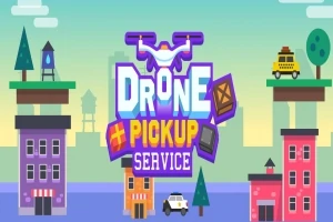 Kolorowa grafika z logiem Drone Pickup Service otoczonym przez wieżowce, drzewa oraz drona z paczką, na tle krajobrazu miasta