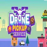 Kolorowa grafika z logiem Drone Pickup Service otoczonym przez wieżowce, drzewa oraz drona z paczką, na tle krajobrazu miasta