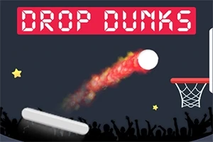 Napis Drop Dunks na czerwonym tle, piłka z ognistym śladem lecąca do kosza na ciemnym tle z publicznością i gwiazdami