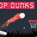 Napis Drop Dunks na czerwonym tle, piłka z ognistym śladem lecąca do kosza na ciemnym tle z publicznością i gwiazdami