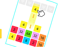 Kolorowe kafelki z liczbami, strzałka wskazująca ruch w dół, oraz wskaźnik w postaci ręki wskazujący kafelek z numerem 4