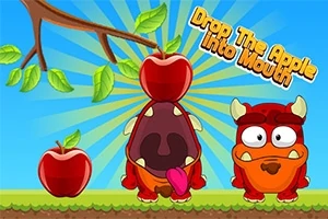 Dwa czerwone stwory stojące na trawie, jeden otwiera szeroko usta pod jabłkiem wiszącym na gałęzi, a obok znajduje się napis Drop The Apple Into Mouth