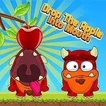 Dwa czerwone stwory stojące na trawie, jeden otwiera szeroko usta pod jabłkiem wiszącym na gałęzi, a obok znajduje się napis Drop The Apple Into Mouth