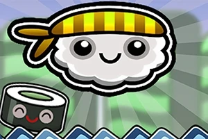 Uśmiechnięta chmura z opaską w żółte paski obok uśmiechniętego kawałka sushi na tle zielonych wzorów